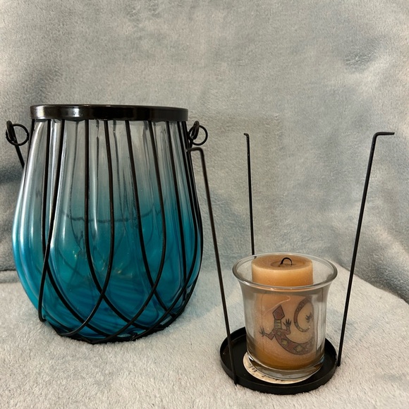 Large Blue Glass And Metal Candle Holder - Picture 6 of 6